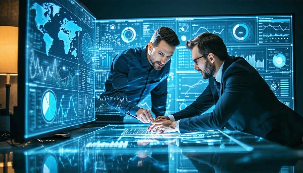 Trade professionals collaborating with technology solutions